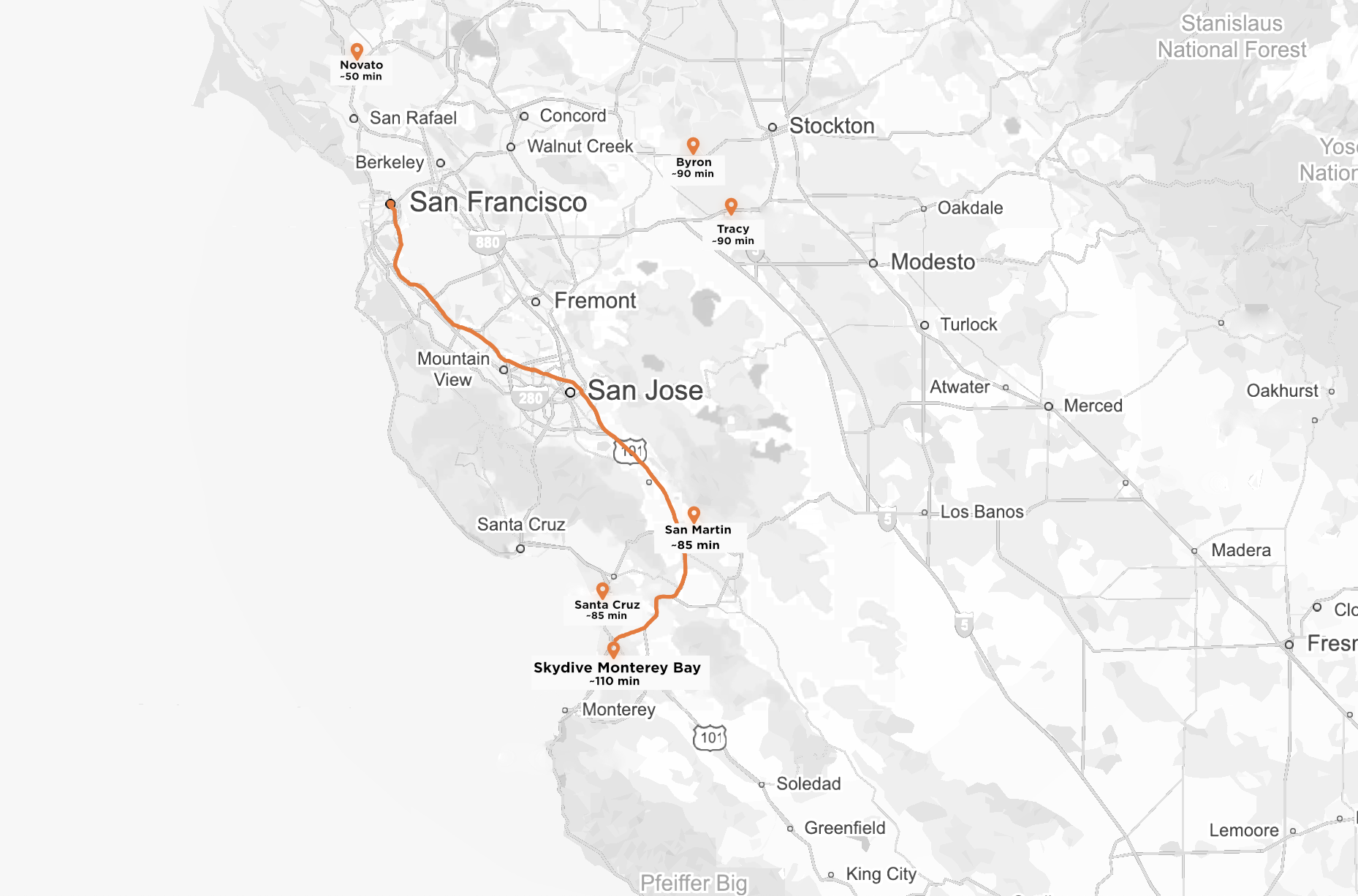 Map showing San Francisco skydiving dropzone locations including Monterey Bay, Santa Cruz, San Martin, Davis, and Tracy